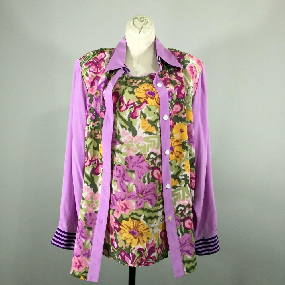 NEW Koos of Course Size M Button Down Shirt Silk 2 Piece Set Floral Pattern